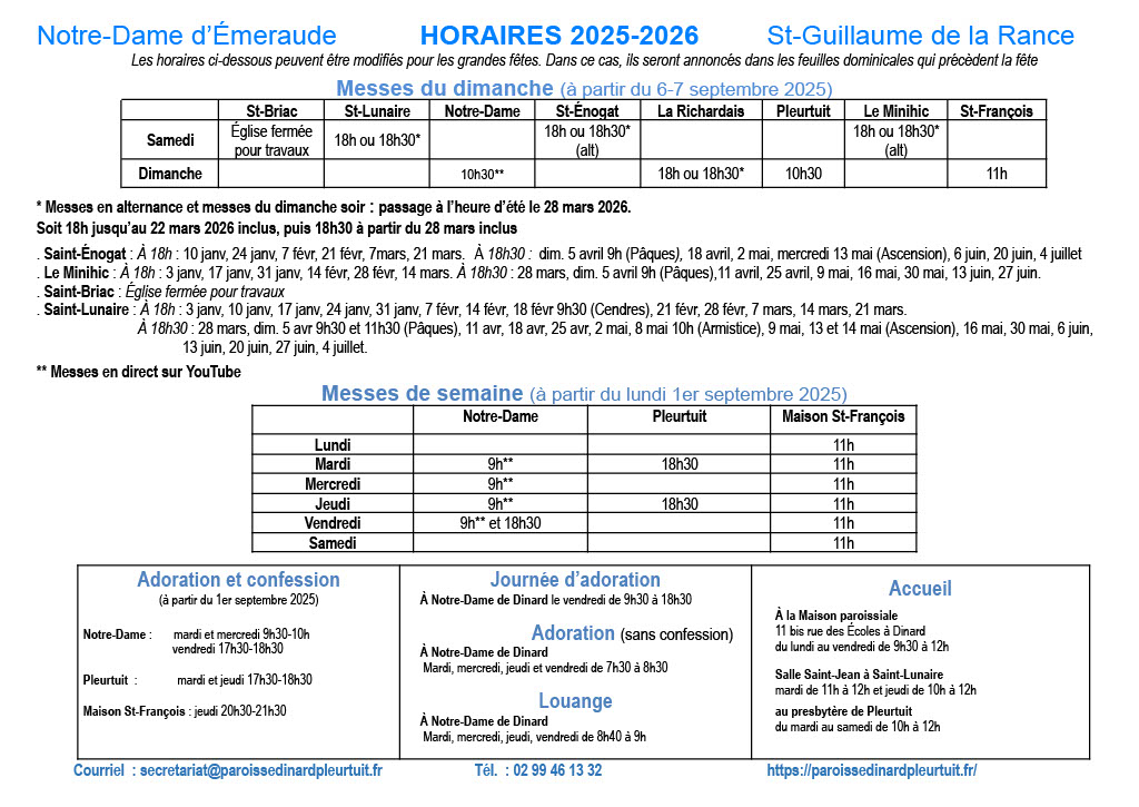 Horaires Messes janvier-juin 2026 - Paroisse Dinard-Pleurtuit Horaires Messes janvier-juin 2026 - Paroisse Dinard-Pleurtuit